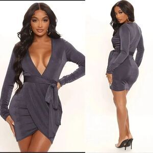 NWT Fashion Nova Fully Committed Slinky Mini Grey Silver Dress Gunmetal Size S